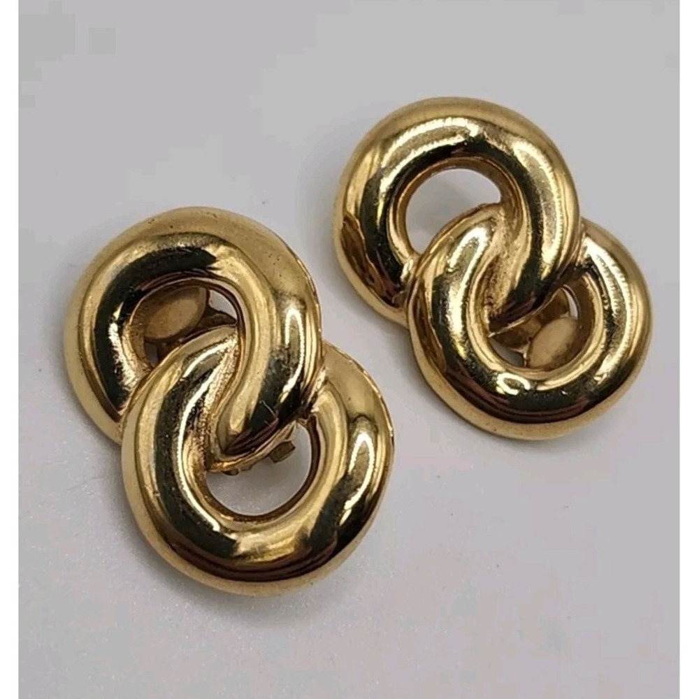 Vintage Givenchy Paris New York Double Hoop Infinity Gold Tone Clip On Earrings